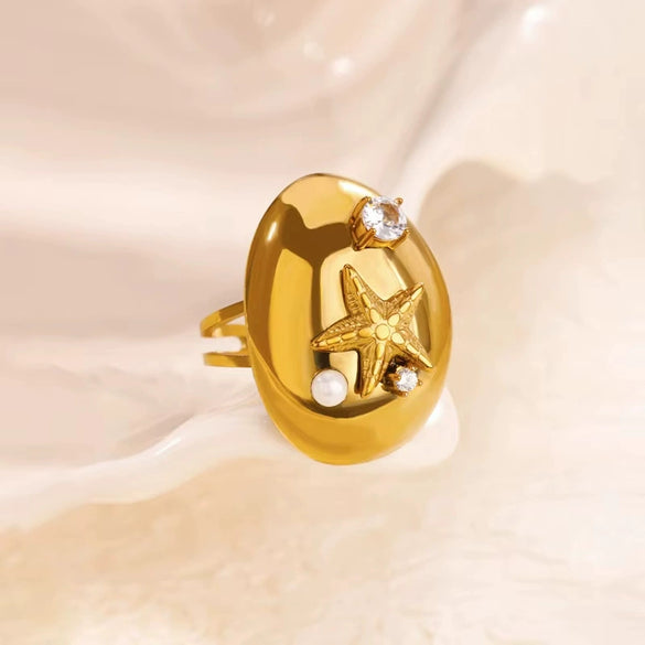Wholesale Ring Stainless Steel Imitation Pearl Shell Geometric Electroplated Metallic Exaggerated