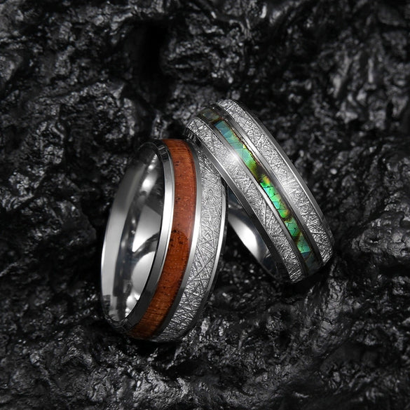 Wholesale Ring Stainless Steel Inlaid Acacia Wood And Abalone Shell Geometric Dripping Oil Unisex