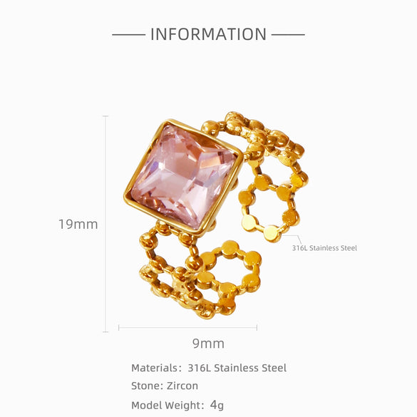 Wholesale Ring Stainless Steel 18K Gold Electroplated Pink Square Diamond Geometric Style Women's