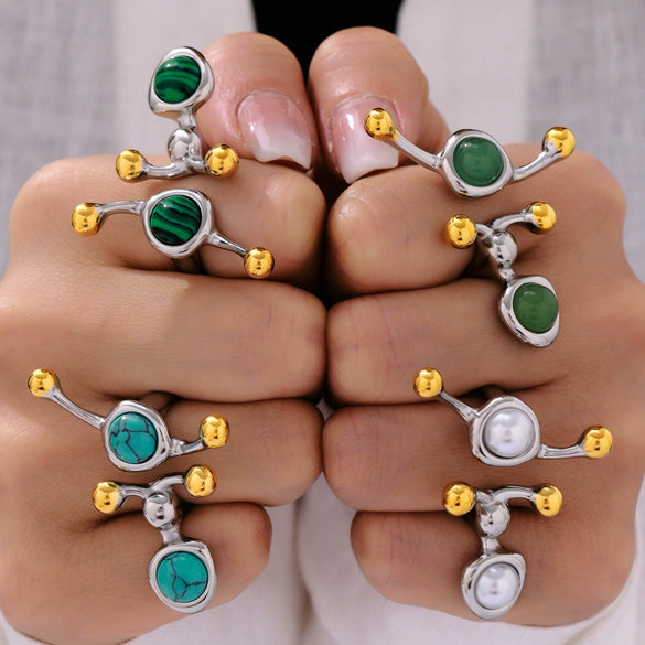 Wholesale Ring 316L Stainless Steel Natural Stone Shell Bead Geometric Light Luxury Style Electroplated