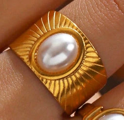Wholesale Ring Stainless Steel Natural Stone Turquoise Tiger Eye Malay Jade Inlaid Geometric Electroplated For Women
