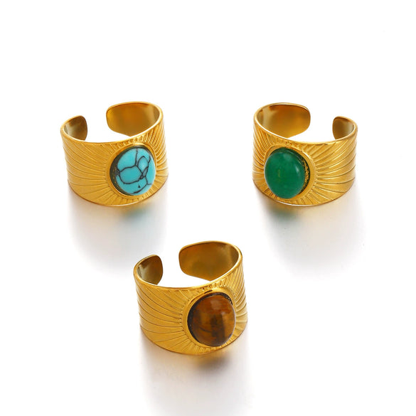 Wholesale Ring Stainless Steel Natural Stone Turquoise Tiger Eye Malay Jade Inlaid Geometric Electroplated For Women