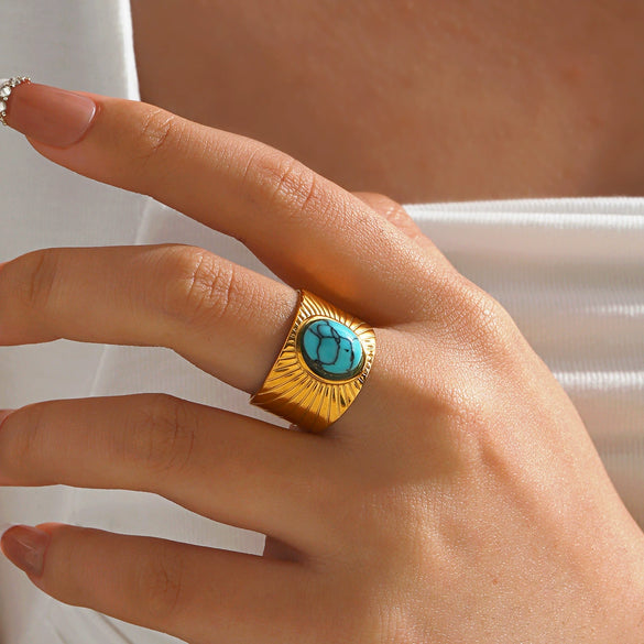 Wholesale Ring Stainless Steel Natural Stone Turquoise Tiger Eye Malay Jade Inlaid Geometric Electroplated For Women