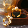 Wholesale Ring Stainless Steel Plated With Gold Square Hollow Set Pearl Geometric Style