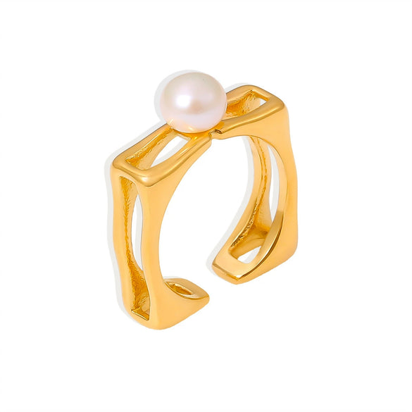Wholesale Ring 316L Stainless Steel Plated With Gold Square Hollow Set Pearl Geometric Style