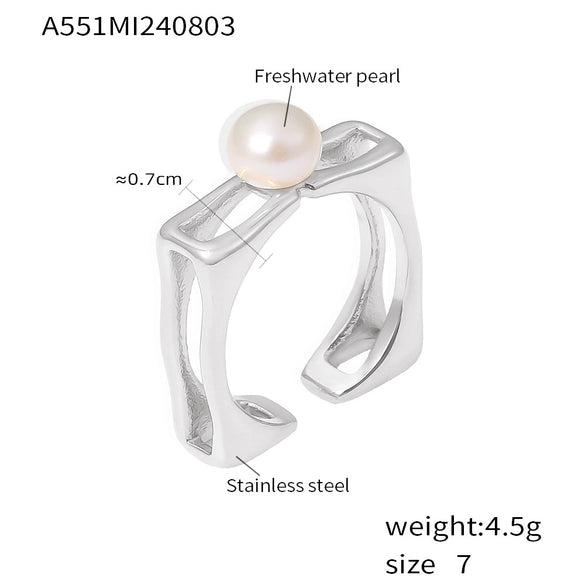 Wholesale Ring Stainless Steel Plated With Gold Square Hollow Set Pearl Geometric Style