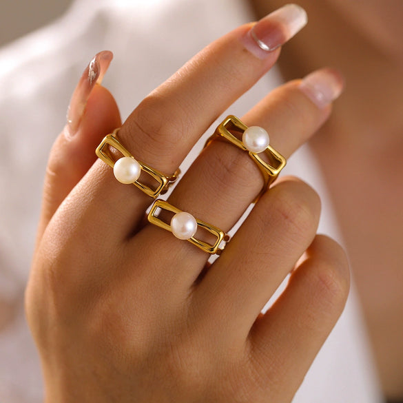 Wholesale Ring 316L Stainless Steel Plated With Gold Square Hollow Set Pearl Geometric Style