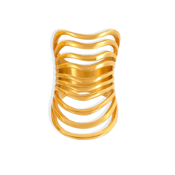 Wholesale Ring Stainless Steel Real Gold Plated Geometric Hollow Multi Layer Retro Exaggerated For Women