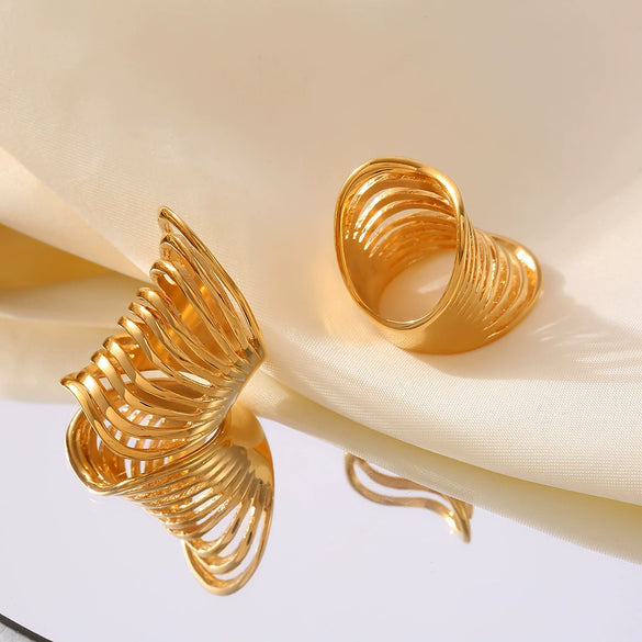 Wholesale Ring Stainless Steel Real Gold Plated Geometric Hollow Multi Layer Retro Exaggerated For Women