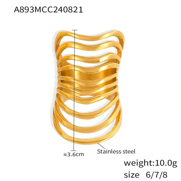 Wholesale Ring Stainless Steel Real Gold Plated Geometric Hollow Multi Layer Retro Exaggerated For Women