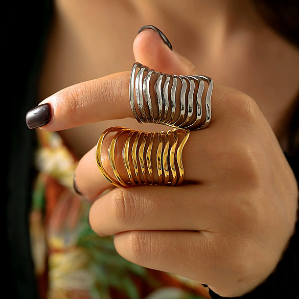 Wholesale Ring Stainless Steel Real Gold Plated Geometric Hollow Multi Layer Retro Exaggerated For Women