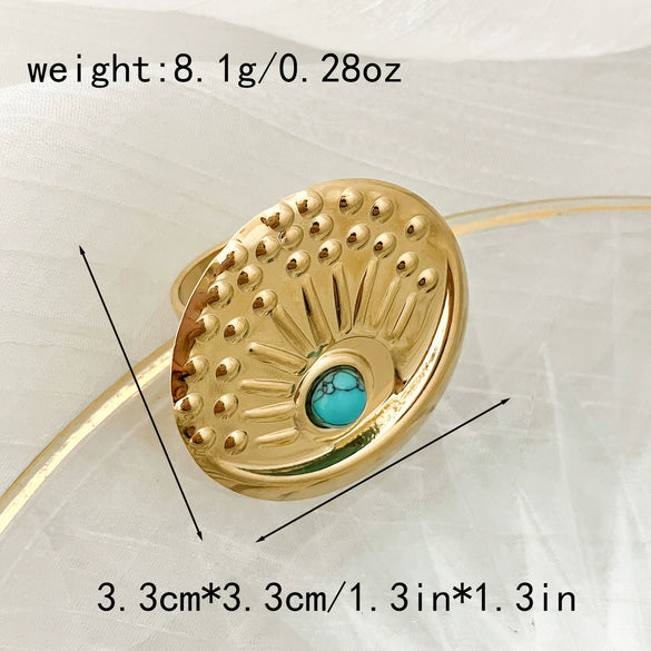 Wholesale Ring Stainless Steel Retro Blue Turquoise Oil Pressure Texture Peacock Open Screen Electroplating Unisex