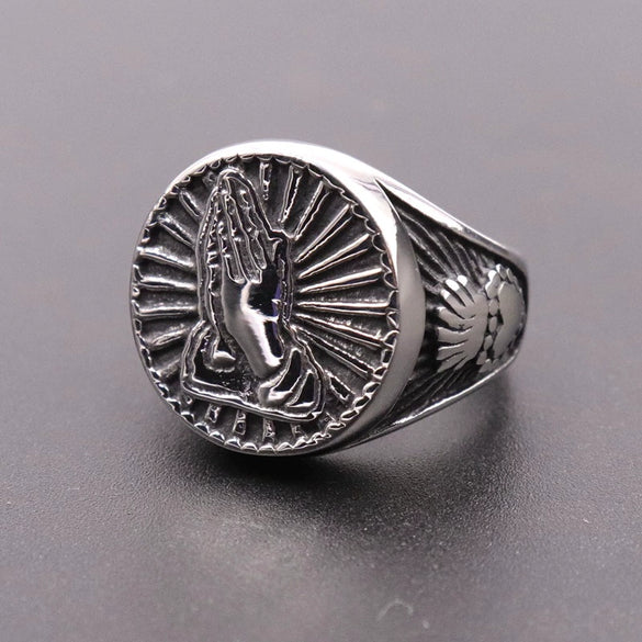 Wholesale Ring Stainless Steel Retro Praying Hand Skull Pattern Apply Oil Unisex