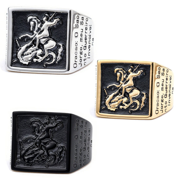 Wholesale Ring Stainless Steel Retro Punk Style Square Dragon Slaying Totem Apply Oil Unisex