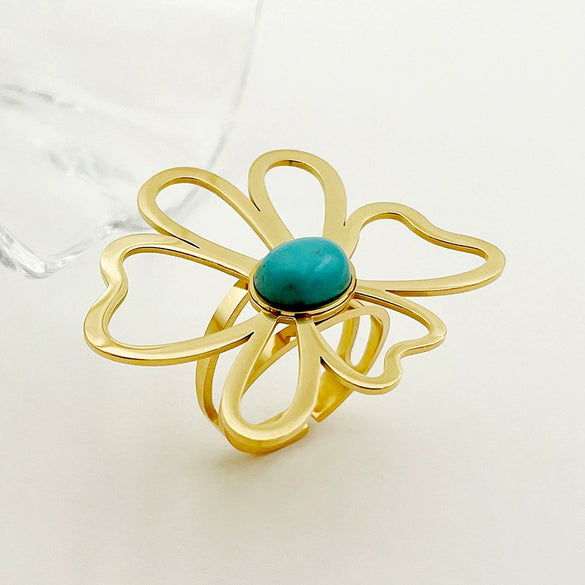 Wholesale Ring Stainless Steel Retro Trendy Fivepointed Star Heartshaped Hollow Flower Design Electroplated