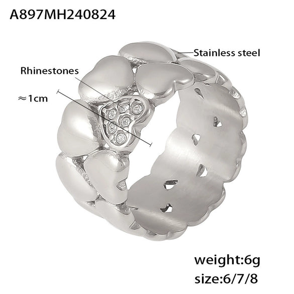 Wholesale Ring 316L Stainless Steel Rhinestone Vintage Middle Ages Love Double Layer Stacked Peach Heart Electroplated For Women