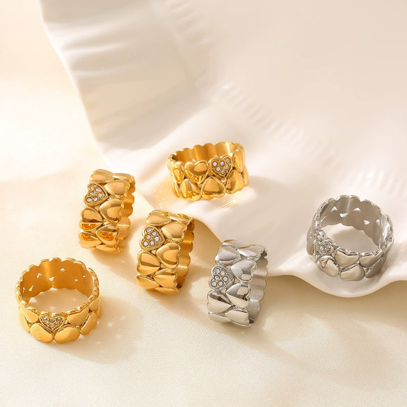 Wholesale Ring 316L Stainless Steel Rhinestone Vintage Middle Ages Love Double Layer Stacked Peach Heart Electroplated For Women