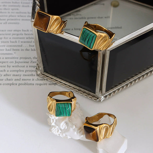 Wholesale Ring Stainless Steel Tiger's Eye Geometric Style Electroplated Unisex Jewelry