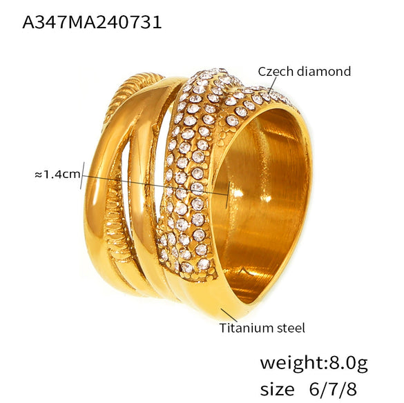 Wholesale Ring 316L Stainless Steel Geometric Crosswoven Multirow Diamond Plated 18K True Gold Light Luxury Fashionable For Women