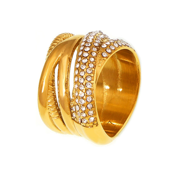 Wholesale Ring 316L Stainless Steel Geometric Crosswoven Multirow Diamond Plated 18K True Gold Light Luxury Fashionable For Women