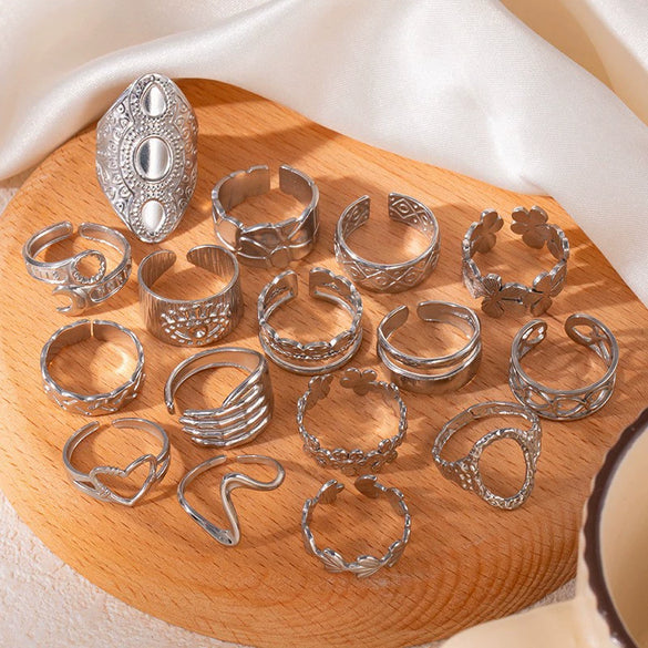 Wholesale Ring Titanium Steel Geometric Hollow Heart Flower Leaves Letters Numbers Text Electroplated Unisex Opening