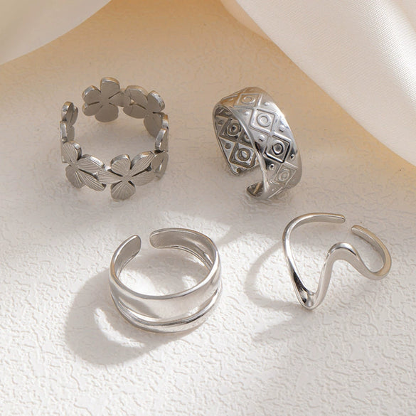Wholesale Ring Titanium Steel Geometric Hollow Heart Flower Leaves Letters Numbers Text Electroplated Unisex Opening