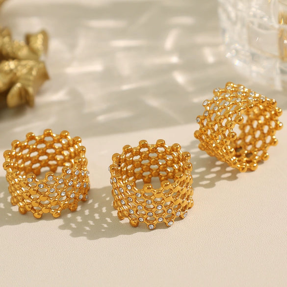 Wholesale Ring 316L Stainless Steel Geometric Honeycomb Hollow Design Inlaid Czech Diamond Gold Plated