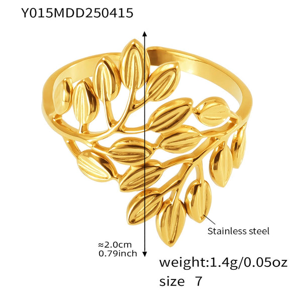 Wholesale Ring 316L Stainless Steel Geometric Leaf Pattern 18K Gold Plated Electroplated For Women
