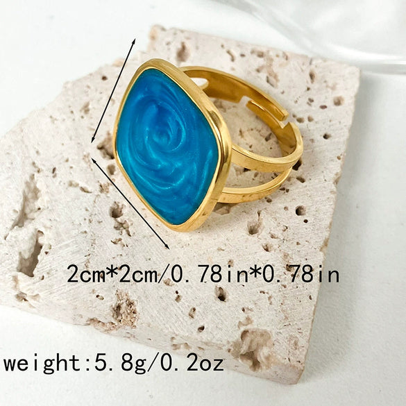 Wholesale Ring Titanium Steel Geometric Square Enamel Blue Dripping Oil Blooming Craft Retro Artistic Unisex