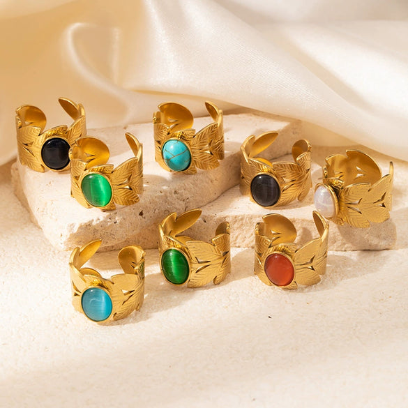 Wholesale Ring Titanium Steel Geometric U Shape Pattern Inlaid With Natural Stone Electroplated Gold Unisex