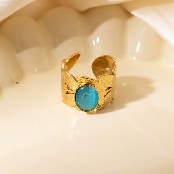 Wholesale Ring Titanium Steel Geometric U Shape Pattern Inlaid With Natural Stone Electroplated Gold Unisex