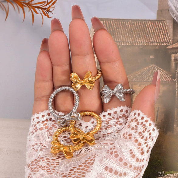Wholesale Ring 316L Stainless Steel Gold Plated Bow Geometric Design