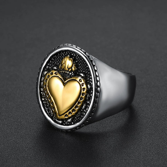 Wholesale Ring Titanium Steel Heartshaped Oil Applied Unisex Retro Locomotive Style