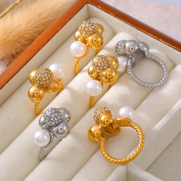 Wholesale Ring 316L Stainless Steel Imitation Pearls Geometric Multiball Stitching Diamondencrusted Electroplated 18K Real Gold For Women