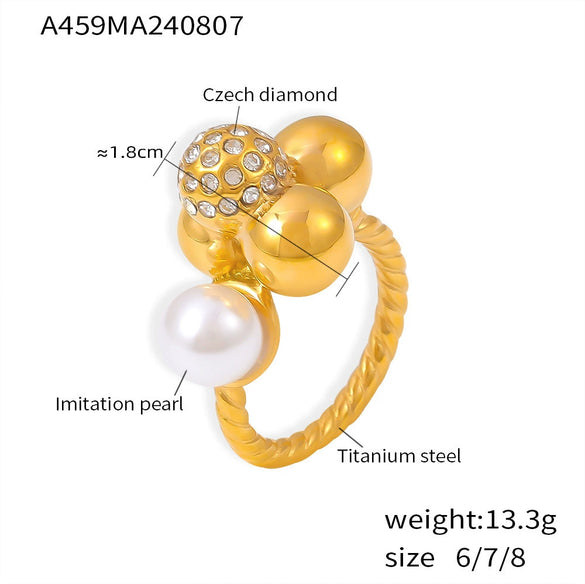 Wholesale Ring 316L Stainless Steel Imitation Pearls Geometric Multiball Stitching Diamondencrusted Electroplated 18K Real Gold For Women