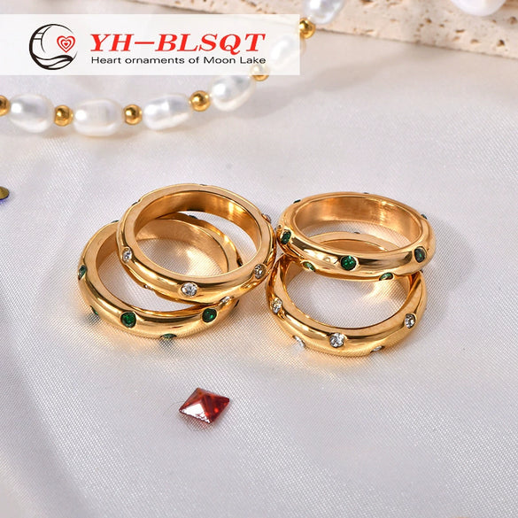 Wholesale Ring Titanium Steel Retro Geometric Microinlaid Green White Zircon 18K Gold Plated