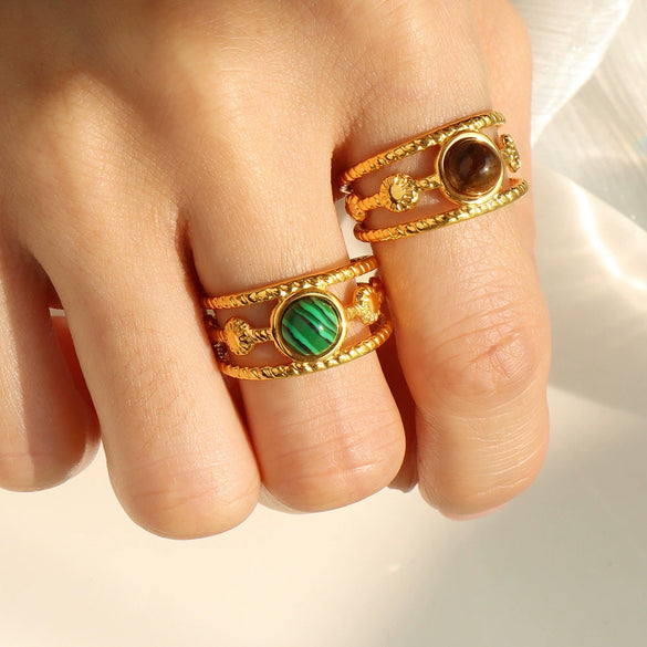 Wholesale Ring 316L Stainless Steel Retro Geometric Open Ring With Tiger Eye Stone And Turquoise