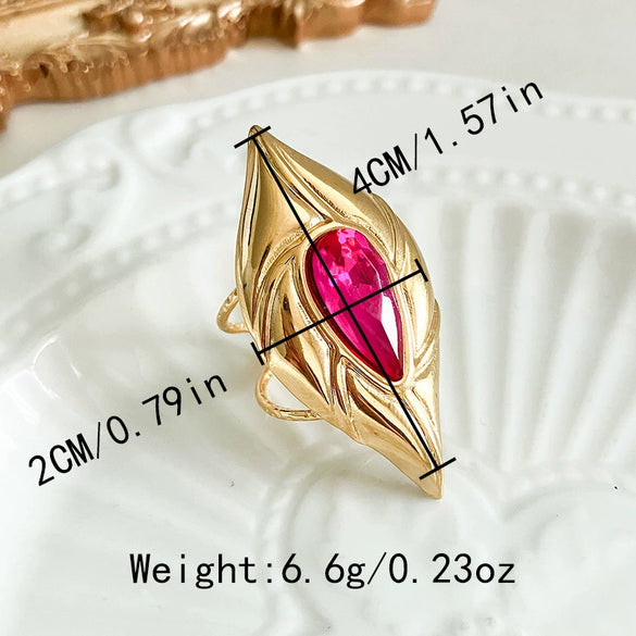 Wholesale Ring Vintage Antique Style Stainless Steel Pink Gem Open With Electroplating