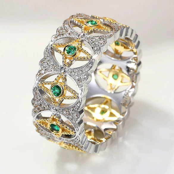 Wholesale Rings Retro Palace Style Twotone Copper Flower Hollow Lace Inlaid Zircon Star And Moon Design For Women