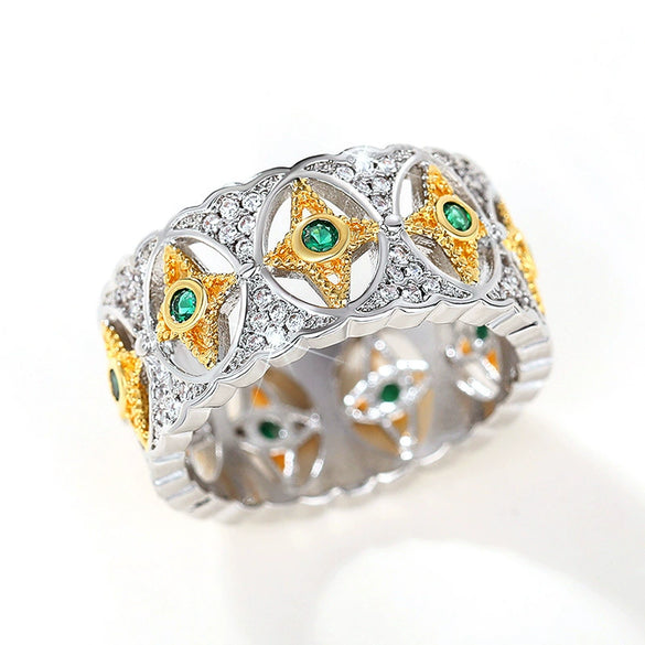 Wholesale Rings Retro Palace Style Twotone Copper Flower Hollow Lace Inlaid Zircon Star And Moon Design For Women