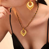 Wholesale Roman Pattern Big Heart Sticky Rhinestone Necklace Earrings Set For Women Titanium Steel 18K Gold Plated