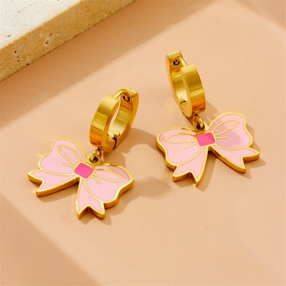 Wholesale Romantic Pink Glue Bowknot Tulip Flower Stainless Steel Necklace With Electroplating For Women