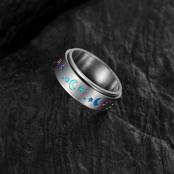 Wholesale Rotatable Electroplated Colorful Star And Moon Stainless Steel Ring With Letters Numbers Text Pattern Unisex Seiko Design