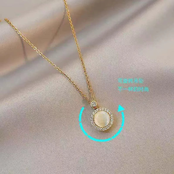 Wholesale Rotating Opal Necklace Titanium Steel With Microinlaid Zircon Geometric 360Degree Rotatable Pendant Electroplated Water Wave Chain