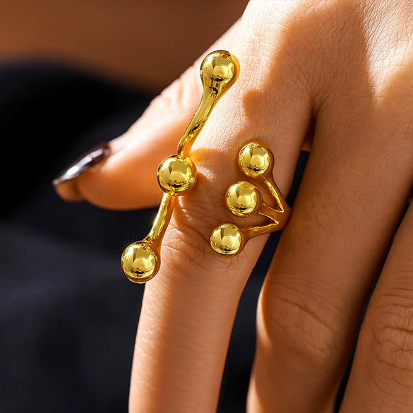 Wholesale Round Ball Casting Titanium Steel Ring Plated 18K Gold With Branch Opening Design Geometric Pattern For Women