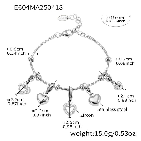 Wholesale Round Bead Heart Brilliant Zircon Bracelet In Fashion Style Made Of Stainless Steel With Electroplating For Women