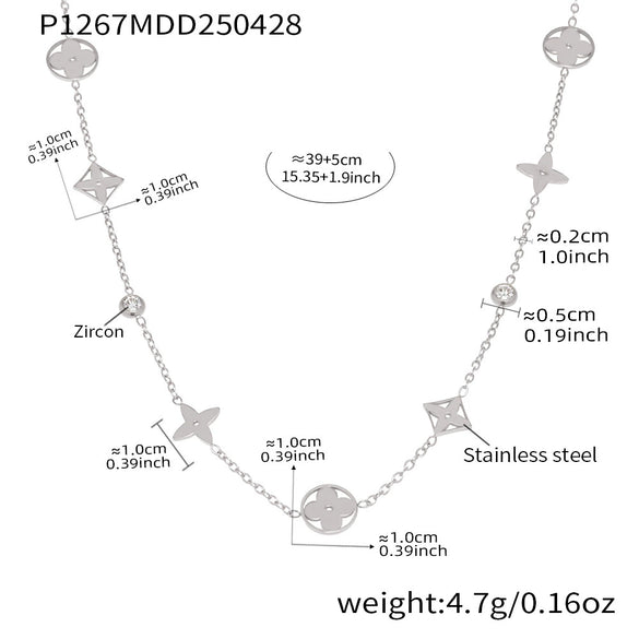Wholesale Round Bead Zircon Hollow Lucky Fourleaf Flower Overlapped Necklace In Stainless Steel And Titanium Steel With Geometric Pattern And Electroplating For Women