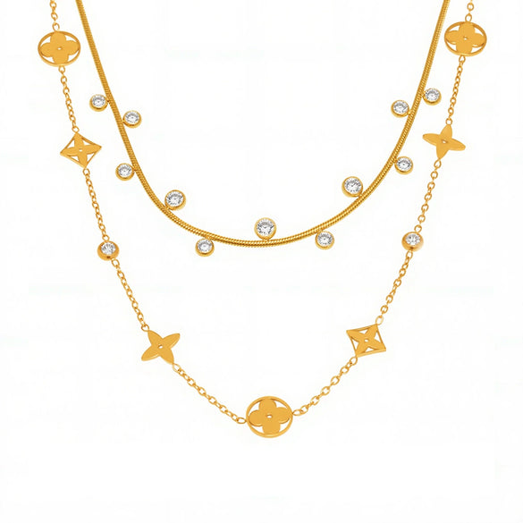 Wholesale Round Bead Zircon Hollow Lucky Fourleaf Flower Overlapped Necklace In Stainless Steel And Titanium Steel With Geometric Pattern And Electroplating For Women