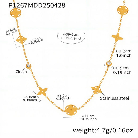 Wholesale Round Bead Zircon Hollow Lucky Fourleaf Flower Overlapped Necklace In Stainless Steel And Titanium Steel With Geometric Pattern And Electroplating For Women