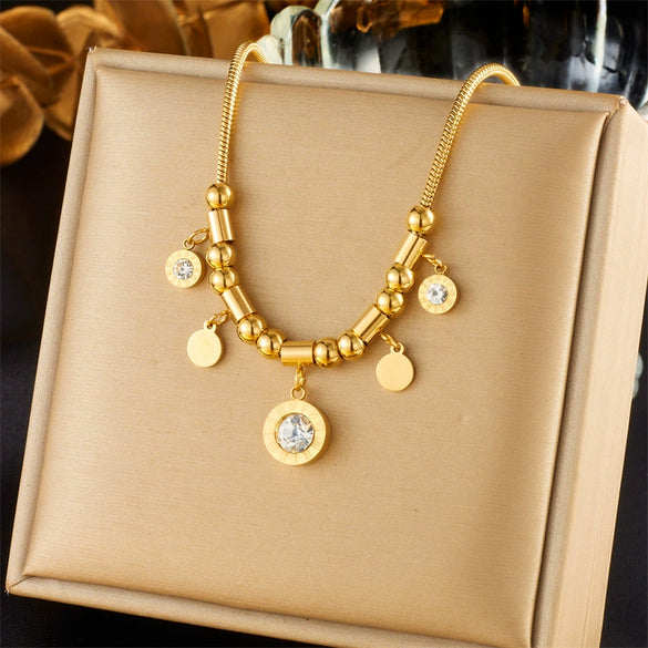 Wholesale Round Diamond Titanium Steel Pendant Chain With Geometric Pattern And Electroplating Retro And Elegant Clavicle Necklace